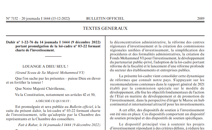 Loi cadre n° 03-22 formant charte de l’investissement 